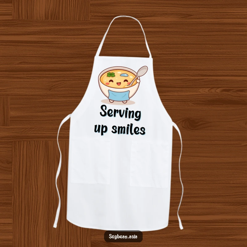 Funny, cheerful miso soup bowl character in a blue apron, holding a large spoon on a chef's apron, for culinary fun.
