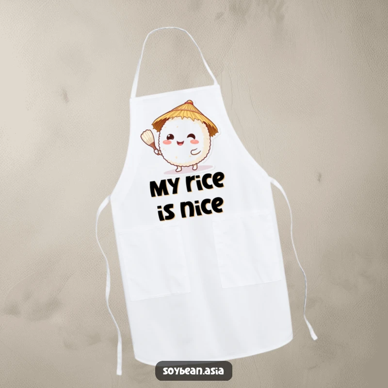 Funny, happy rice ball character in a straw hat, offering a rice paddle on a chef's apron, for culinary fun.