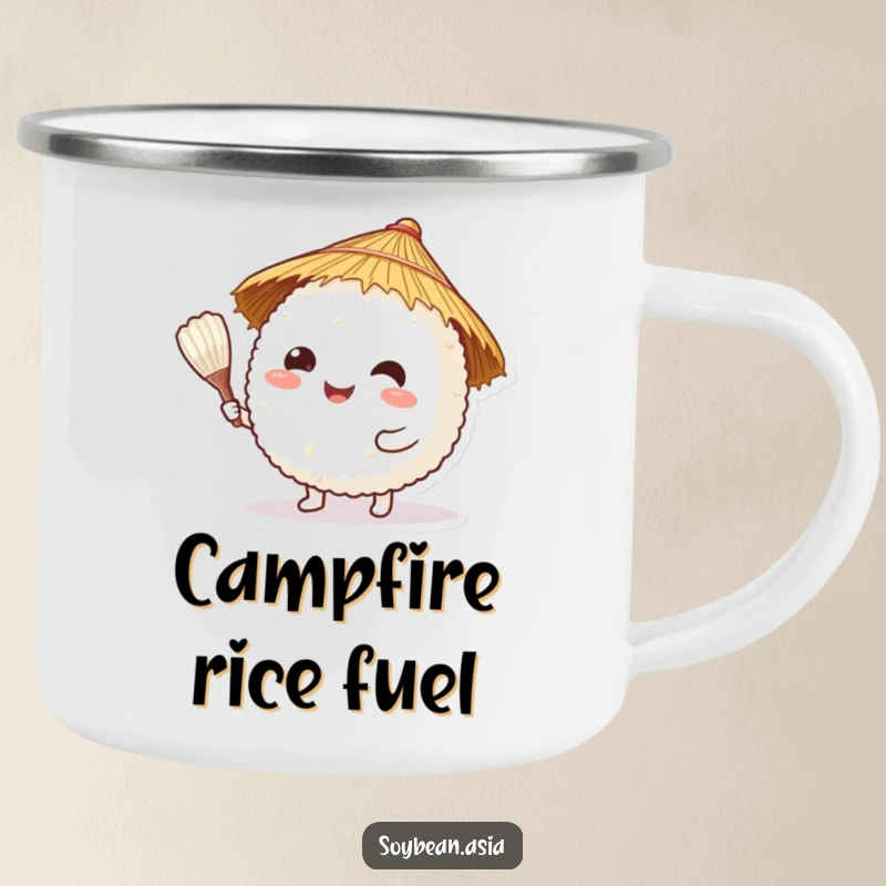 Funny, happy rice ball character in a straw hat, offering a rice paddle on an enamel camping mug, for outdoor lovers.