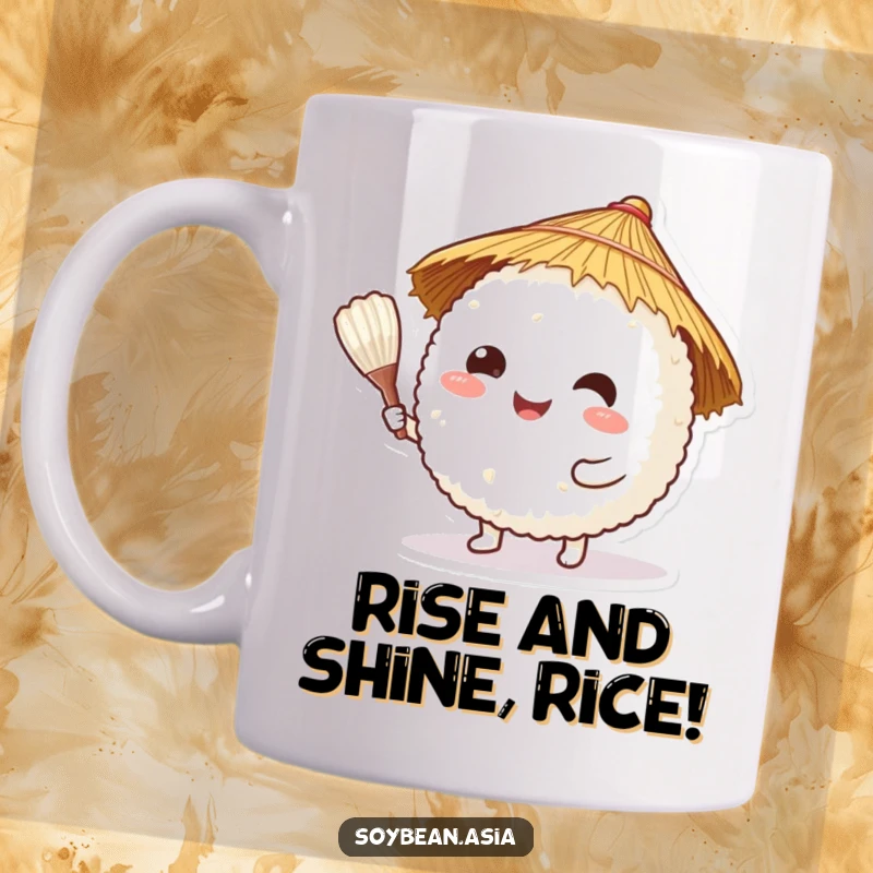 Funny, happy rice ball character in a straw hat, offering a rice paddle on a mug, celebrating Japanese food.