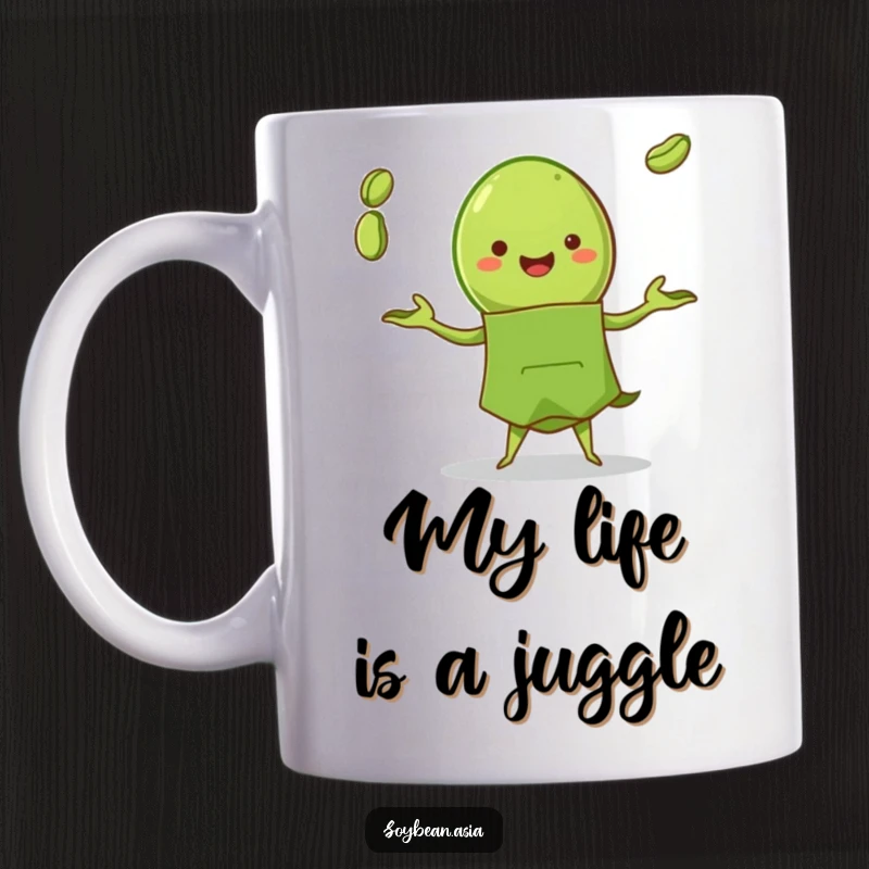 Funny edamame pod character in a green apron, joyfully juggling three beans on a ceramic mug, perfect for kitchen humor.