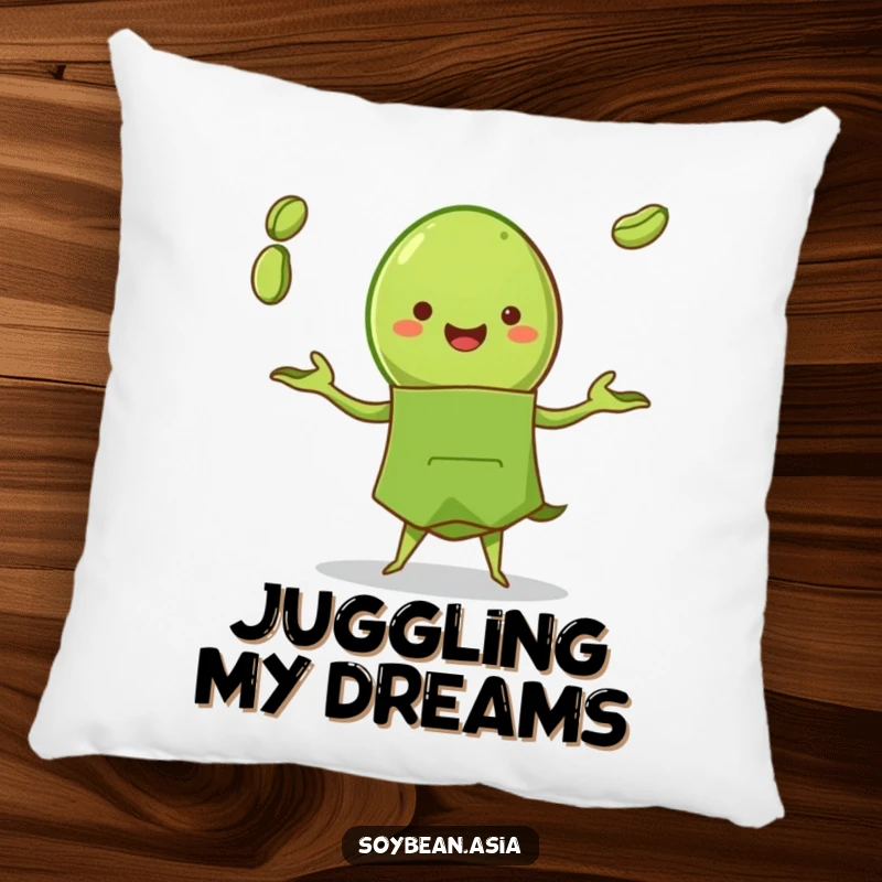 Funny edamame pod character in a green apron, juggling beans, displayed on a plush pillow, perfect for snuggling.