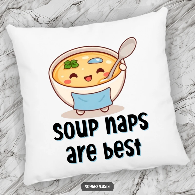 Funny, cheerful miso soup bowl character in a blue apron, holding a large spoon on a plush pillow, for ultimate comfort.