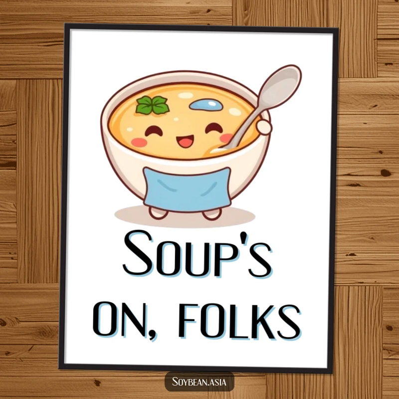 Funny, cheerful miso soup bowl character in a blue apron, holding a large spoon, as a digital art print for instant decor.