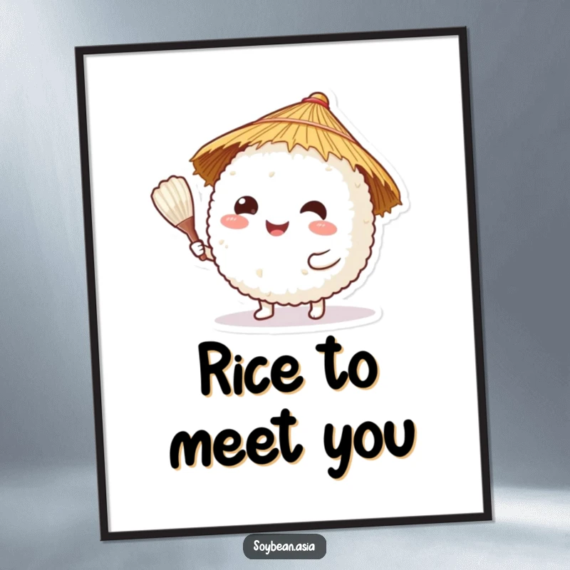 Funny, happy rice ball character in a straw hat, offering a rice paddle, presented as a digital art print for instant decor.