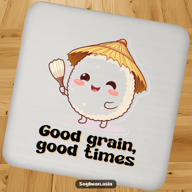 Funny, happy rice ball character in a straw hat, offering a rice paddle on a round drink coaster, for stylish drink protection.