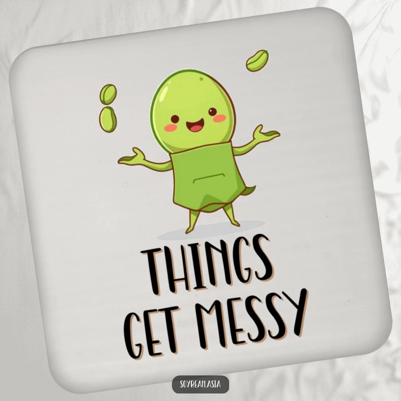 Funny edamame pod character in a green apron, juggling beans on a round drink coaster, adding playful decor.
