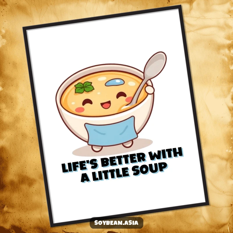 Funny Free Printable Wall Art: A cheerful miso soup bowl in a blue apron holding a large spoon, ready to add humor to any room.