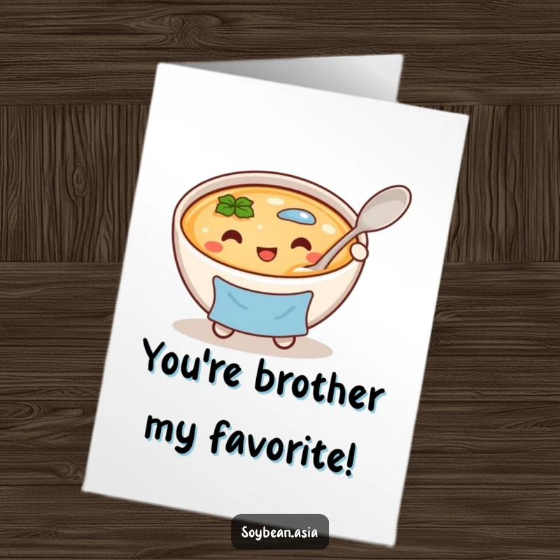 Funny Free Printable Congratulations Card: A smiling miso soup bowl with a large spoon radiates happiness for any congratulatory message.