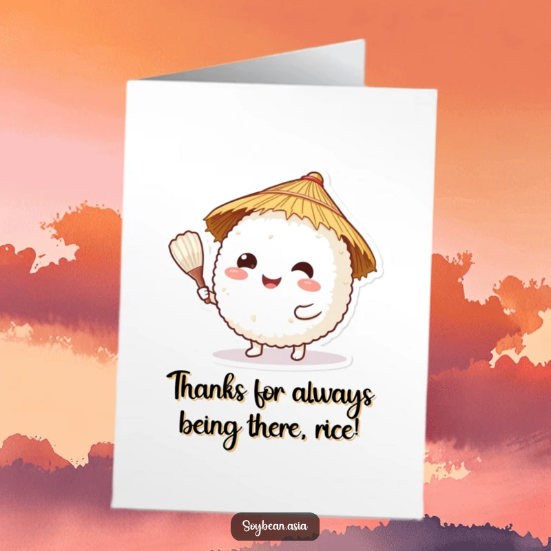 Funny Free Printable Thank You Card: A happy rice ball character in a straw hat presents a rice paddle, conveying thanks with a smile.