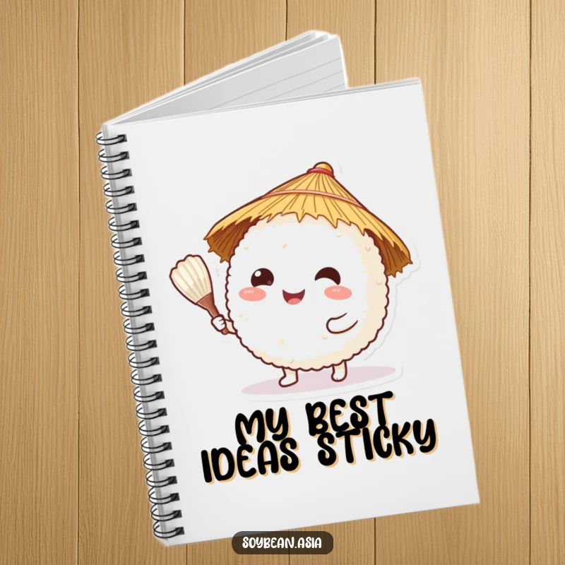Funny, happy rice ball character in a straw hat, offering a rice paddle on a lined notebook cover, for jotting notes.